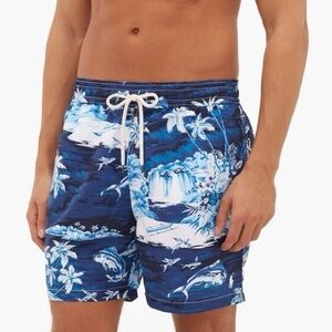 Polo Ralph Lauren Blue and White Tropical Swim Shorts - Size Small